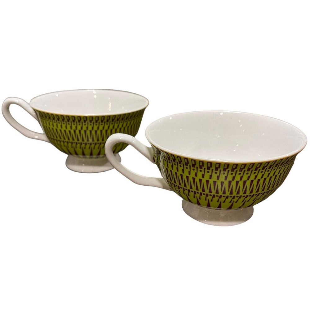 Stechcol Gracie Bone China Pair of Two Tea Cups Purple & Green Geometric Design